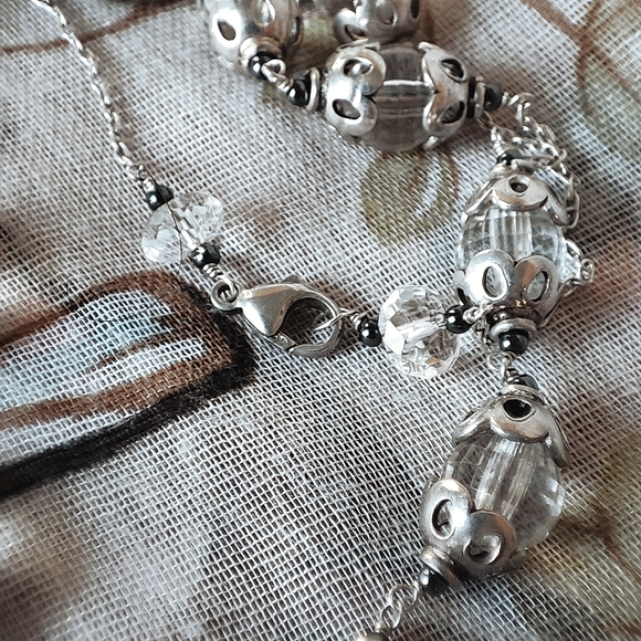 Vintage Rosary Clear Oval Faceted Glass Threaded Chain Silver Tone Necklace - Picture 6 of 9